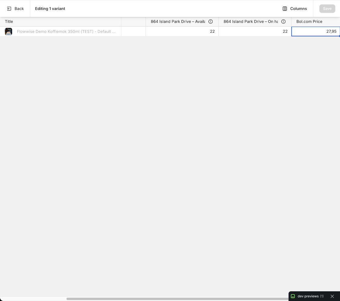 Shopify inventory-bulkeditor met de variantkolom Bol.com Price en waarde 27,95