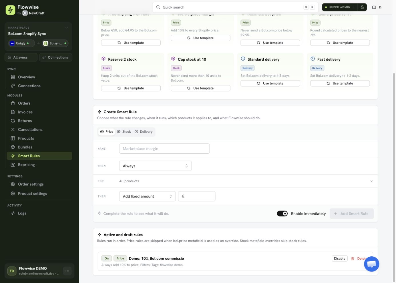 Flowwise Smart Rule Demo 10 procent Bol.com commissie, beperkt tot tag flowwise-demo