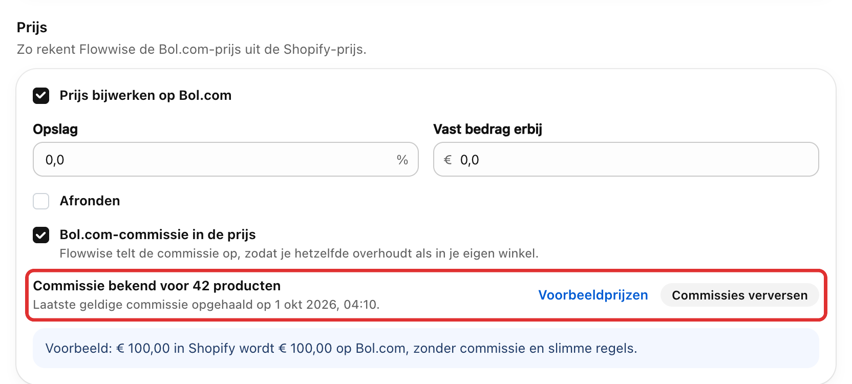 Het blok Prijs met Prijs bijwerken op Bol.com en Bol.com-commissie in de prijs aangevinkt; daaronder de regel Commissie bekend voor 42 producten met Voorbeeldprijzen en Commissies verversen, rood omlijnd