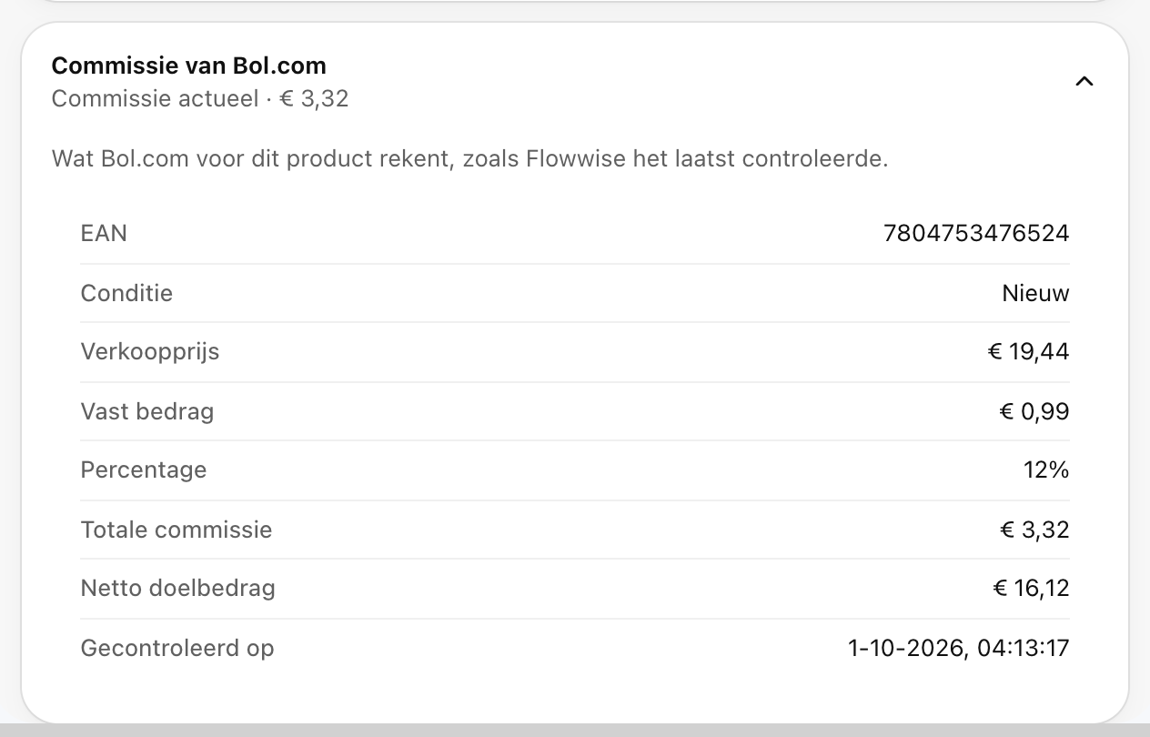 Het opengeklapte blok Commissie van Bol.com bij een product, met EAN, conditie, verkoopprijs, vast bedrag, percentage, totale commissie, netto doelbedrag en de controledatum