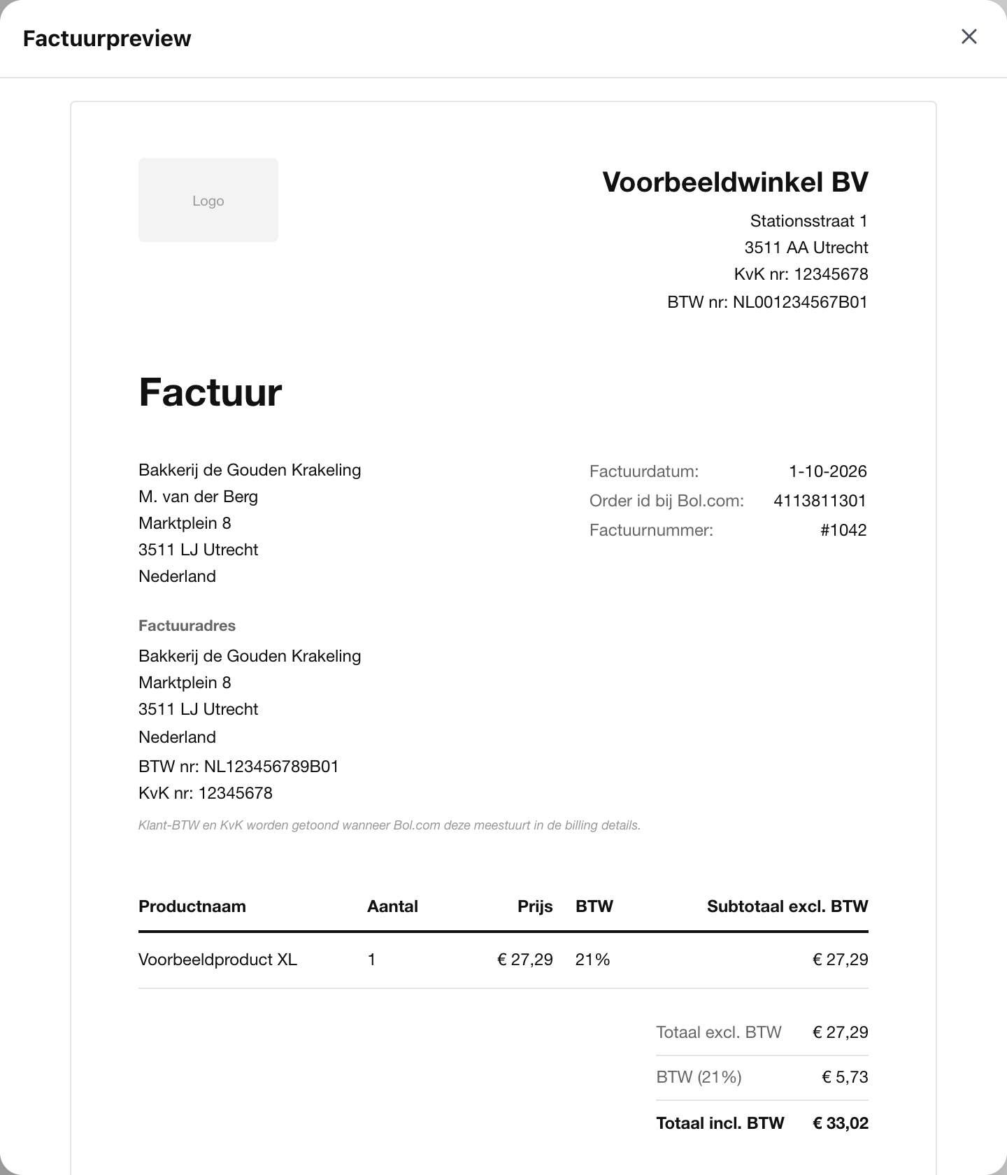 De Factuurpreview met bovenaan de gegevens van Voorbeeldwinkel BV, daaronder klant, factuurdatum en Bol.com-ordernummer, en een tabel met een voorbeeldproduct en de btw