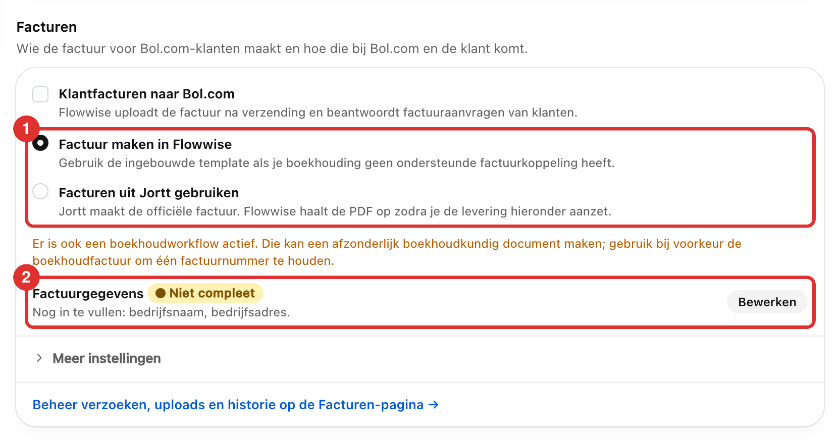 Het blok Facturen in de orderinstellingen met de keuze Factuur maken in Flowwise of Facturen uit Jortt gebruiken (1) en daaronder de regel Factuurgegevens met de knop Bewerken (2)