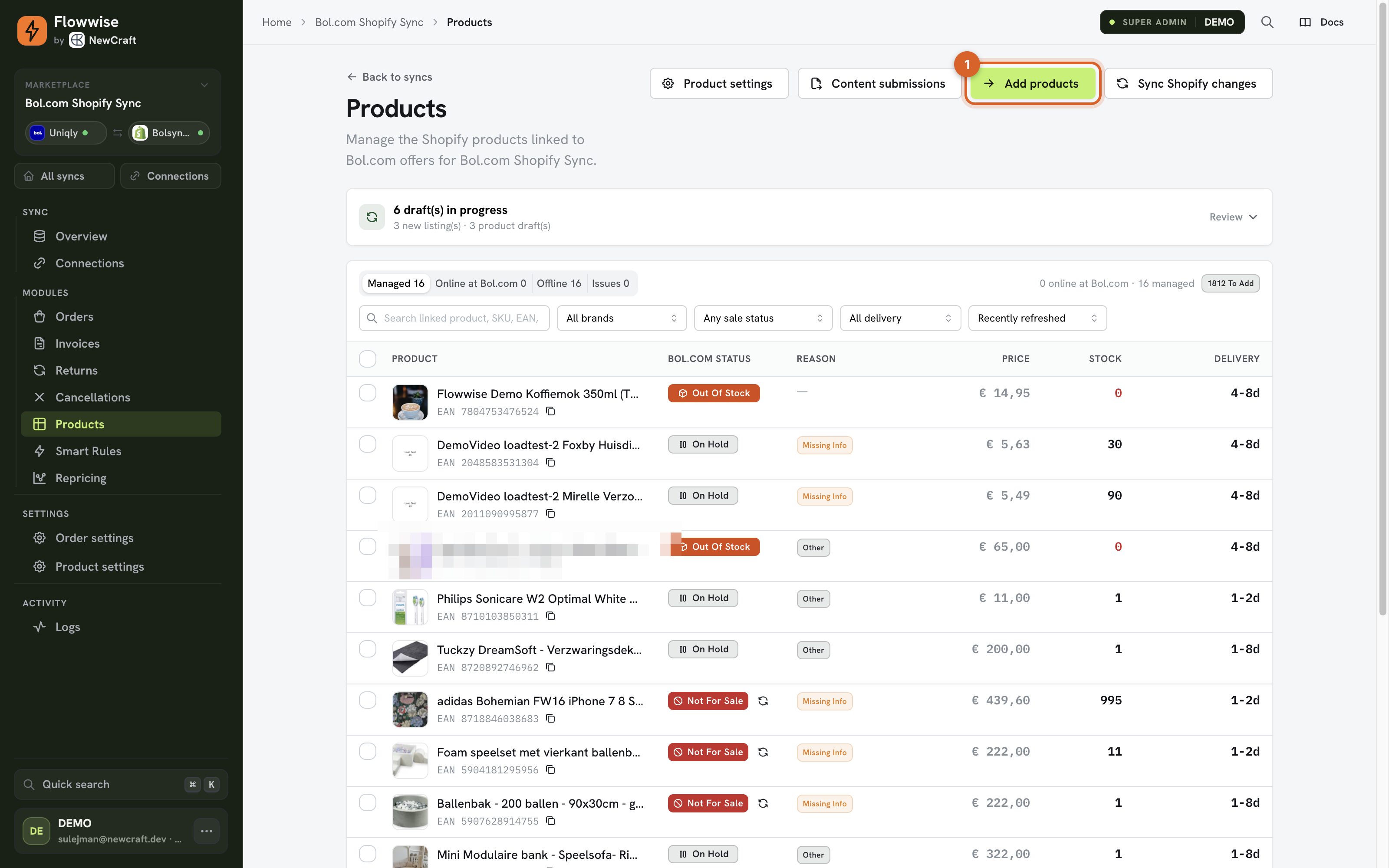 Productenpagina met de knop Add products gemarkeerd