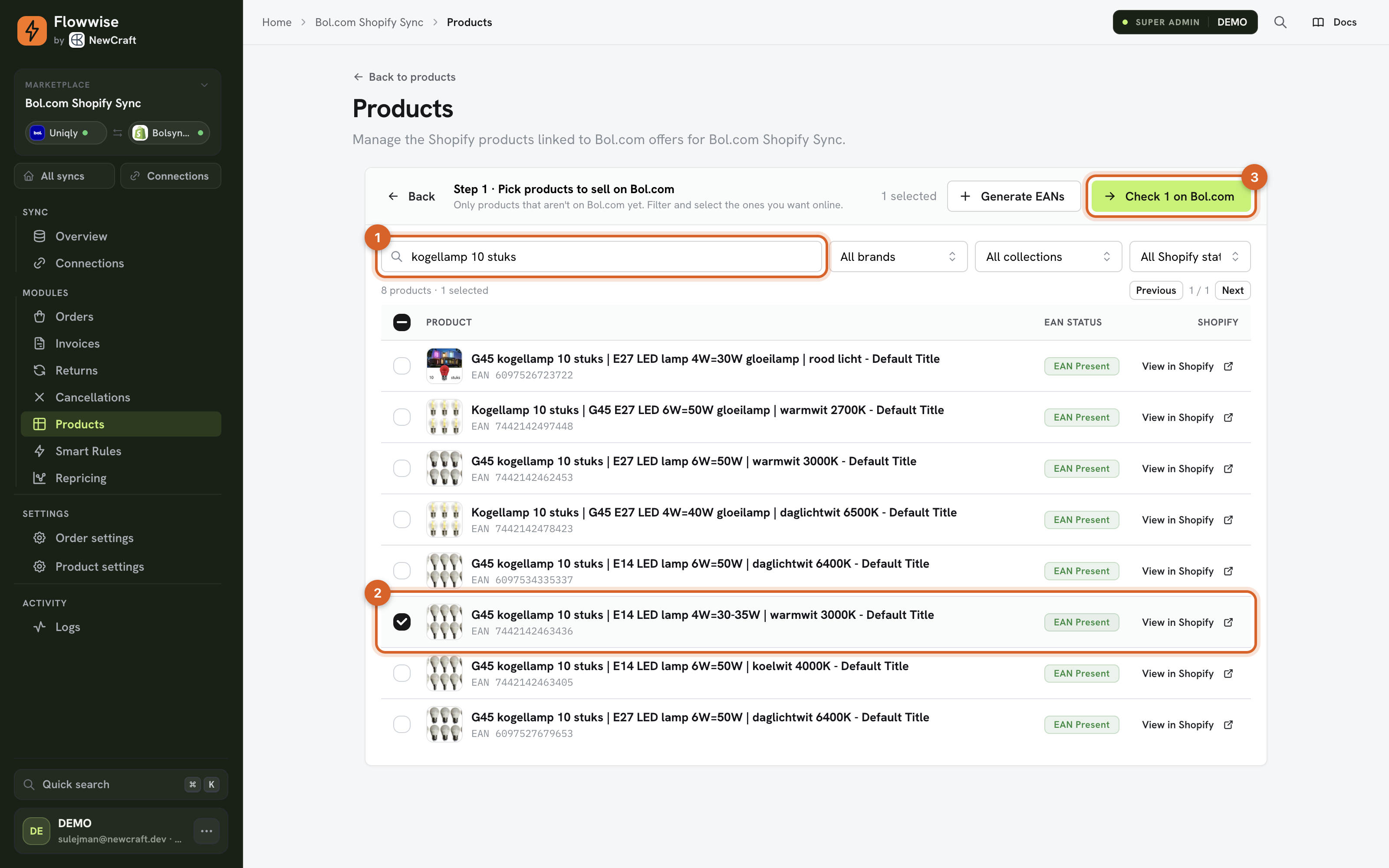 Stap 1 van de wizard: product zoeken en selecteren