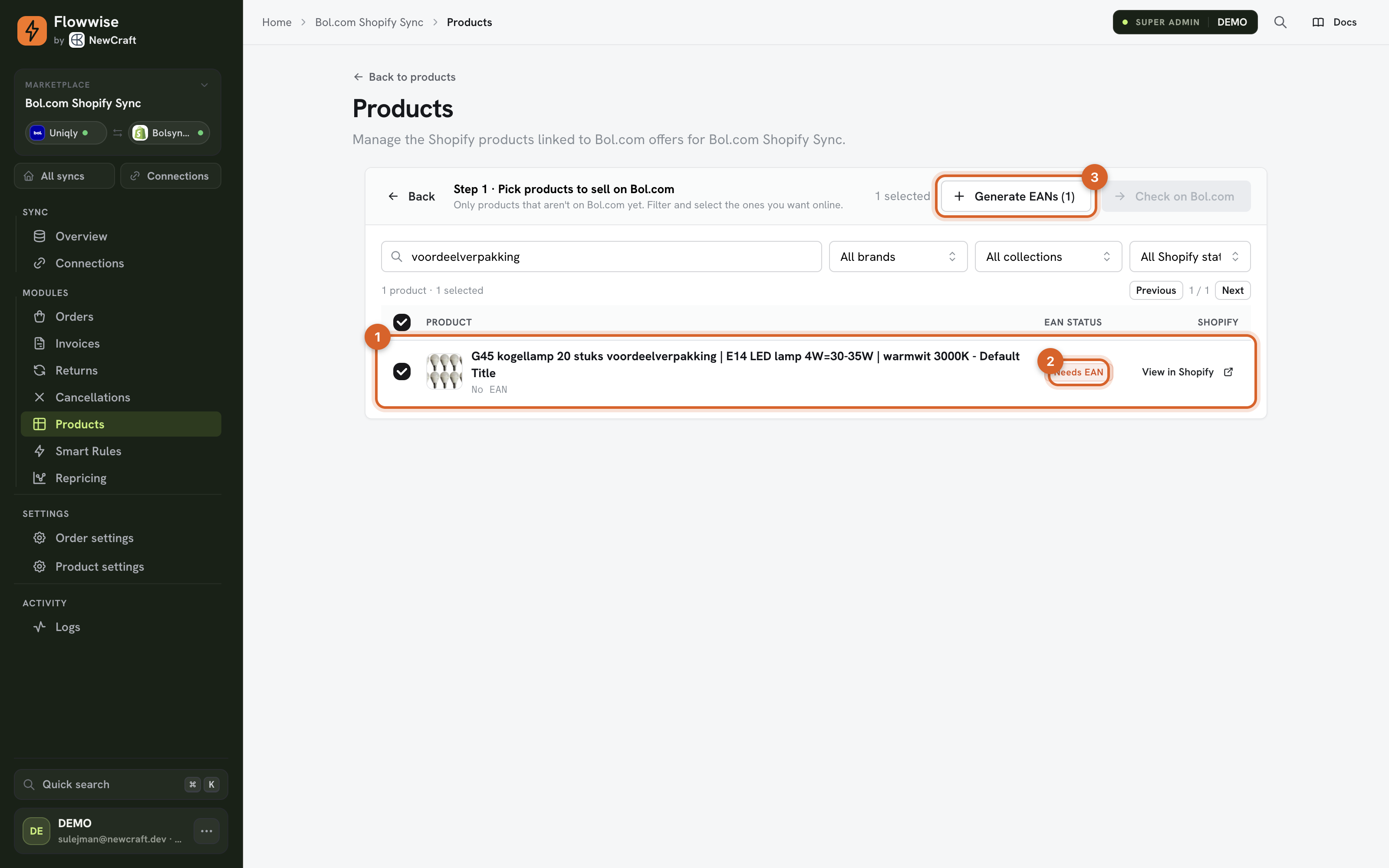 Product zonder EAN geselecteerd, met de knop Generate EANs