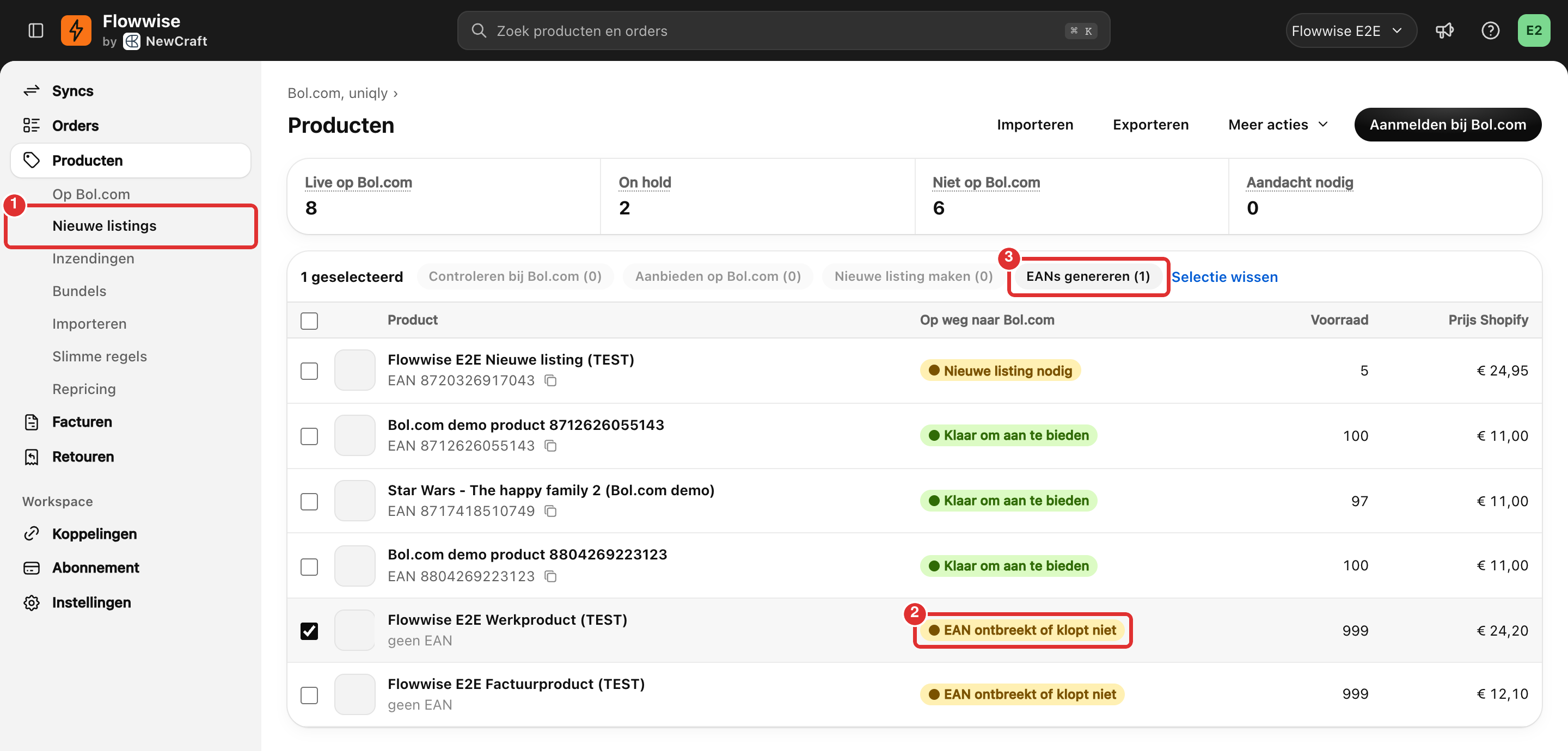 Producten, Nieuwe listings: een product zonder EAN aangevinkt en de knop EANs genereren (1), genummerd 1 tot en met 3