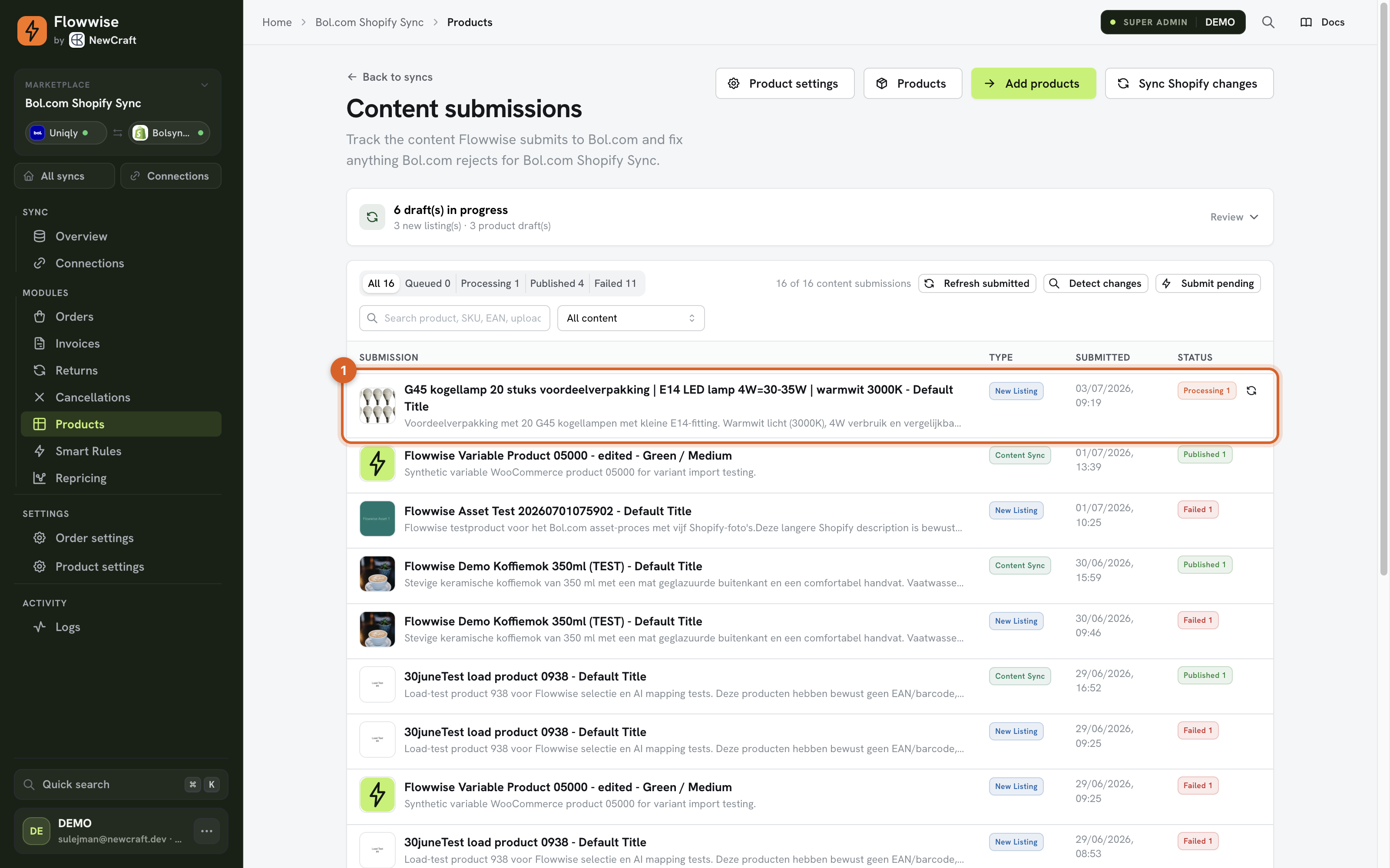 Content submissions met de nieuwe listing in behandeling