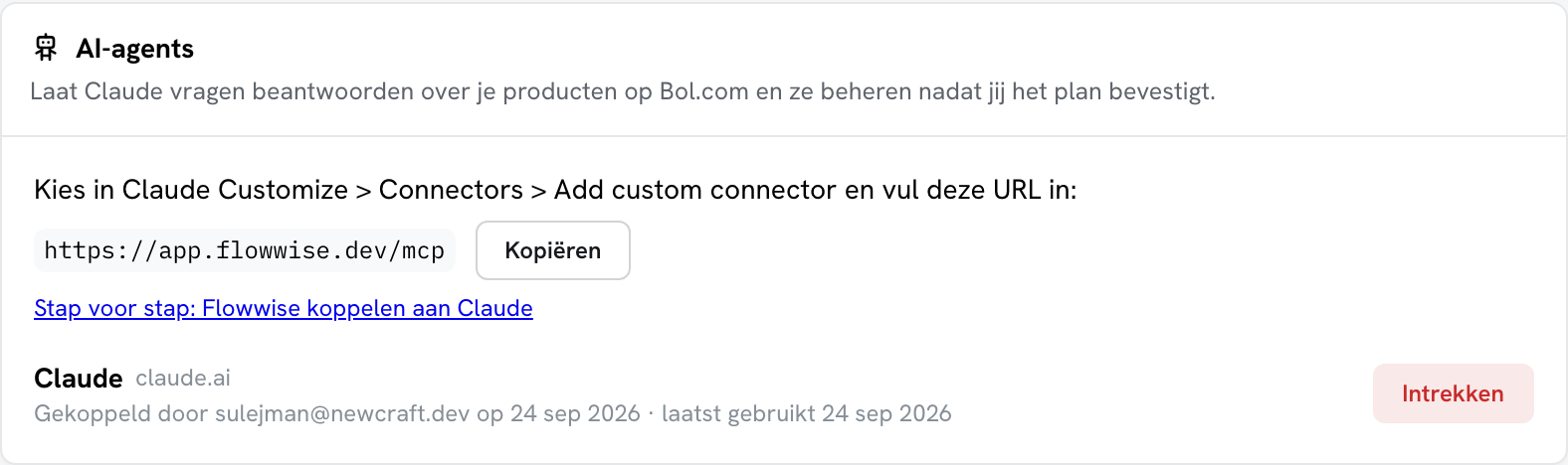 Het blok AI-agents op de accountpagina met de Flowwise-URL en de knop Kopiëren
