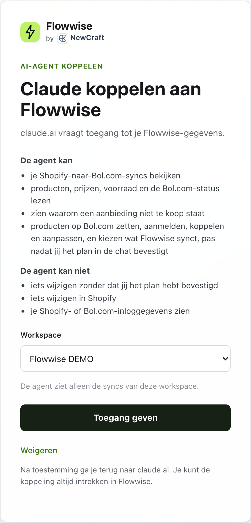 De Flowwise-pagina Claude koppelen aan Flowwise, met wat de agent wel en niet kan, de keuze voor de workspace en de knop Toegang geven
