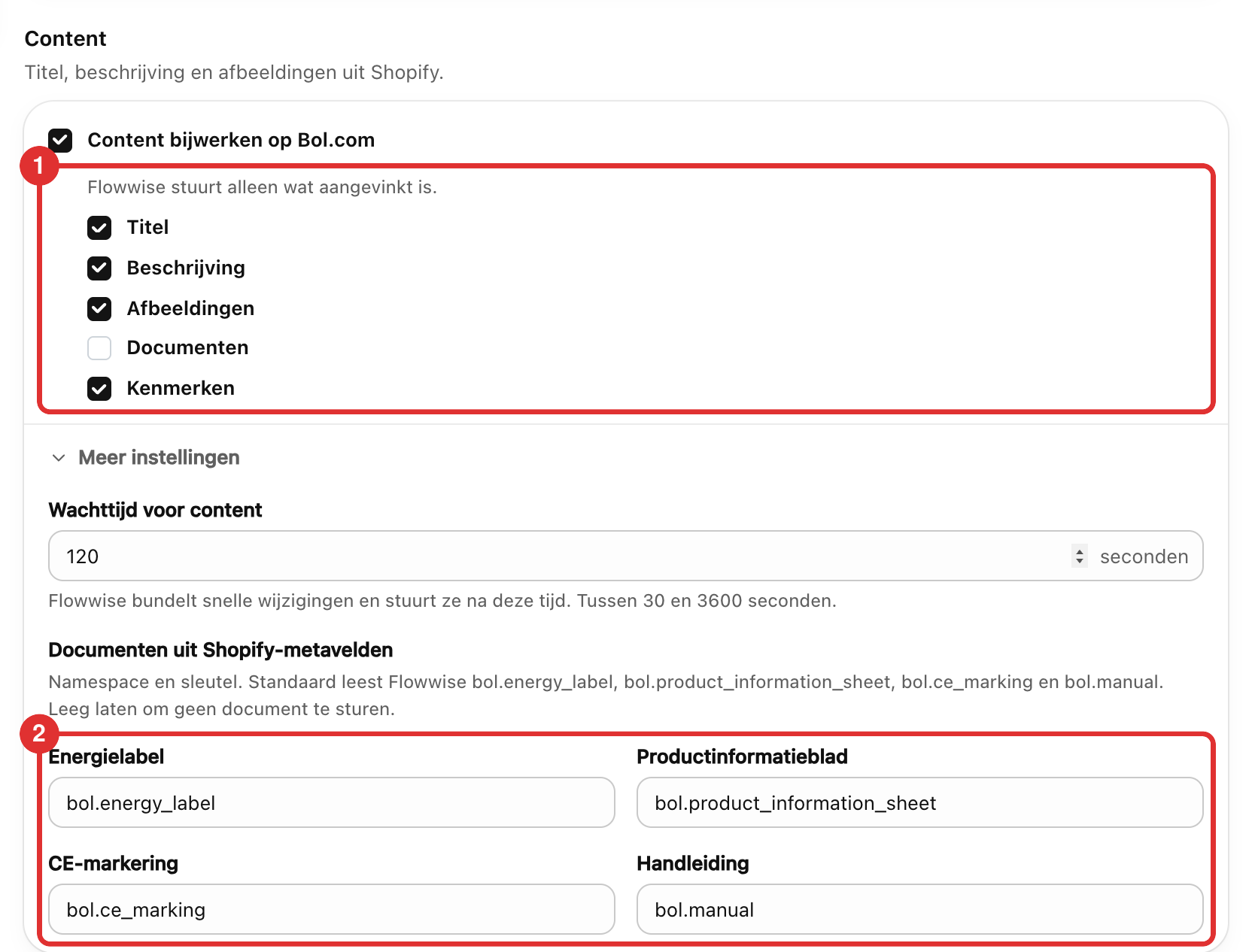 Het blok Content met Content bijwerken op Bol.com aan, de vinkjes Titel tot en met Kenmerken (1), en onder Meer instellingen de velden voor documenten uit Shopify-metavelden (2)