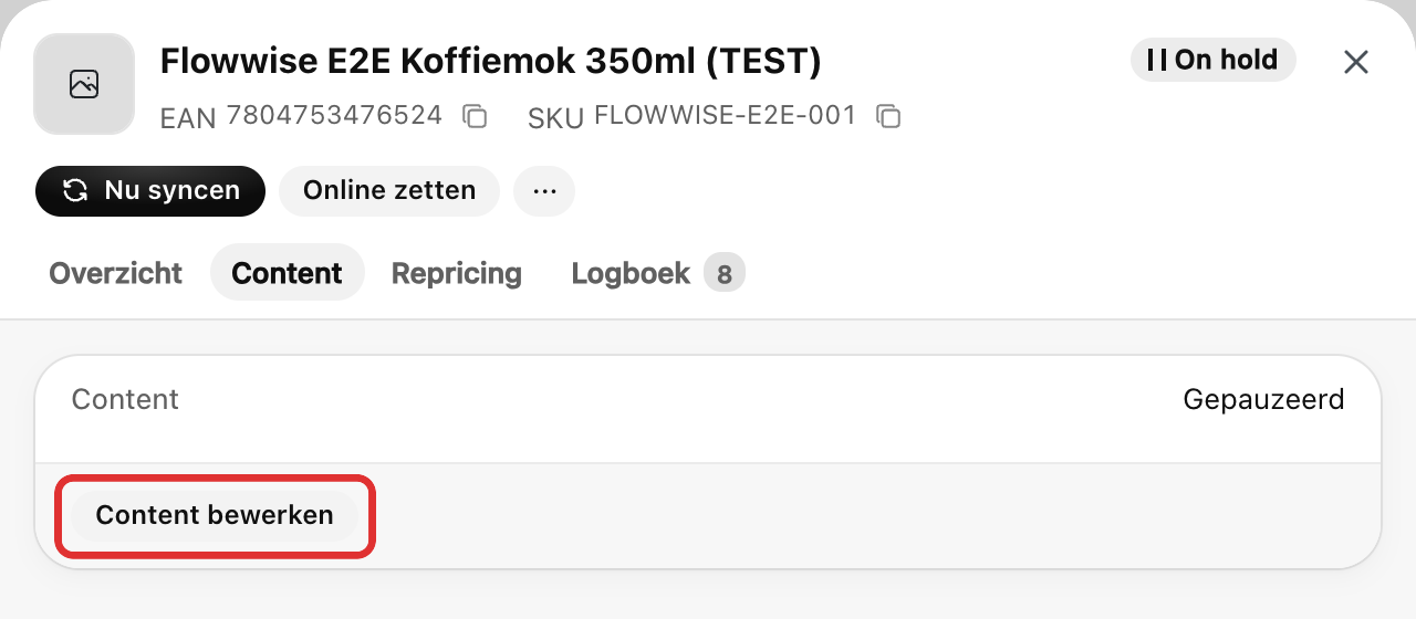 Het paneel van een product met het tabblad Content open en de knop Content bewerken, die rood omlijnd is