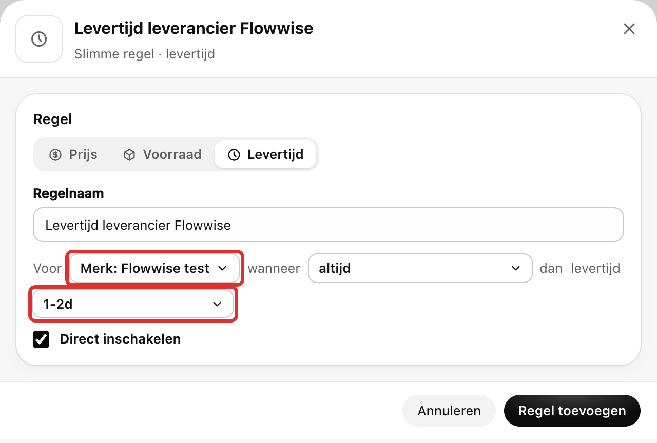 Het venster Nieuwe regel met Levertijd gekozen, bij Voor het merk Flowwise test en als levertijdcode 1-2d; beide keuzes zijn rood omlijnd
