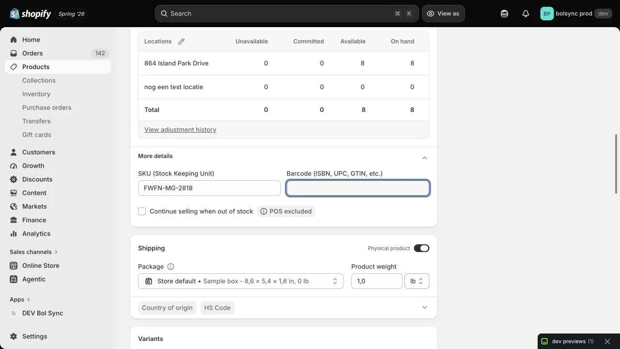 Shopify-variant met een leeg barcodeveld