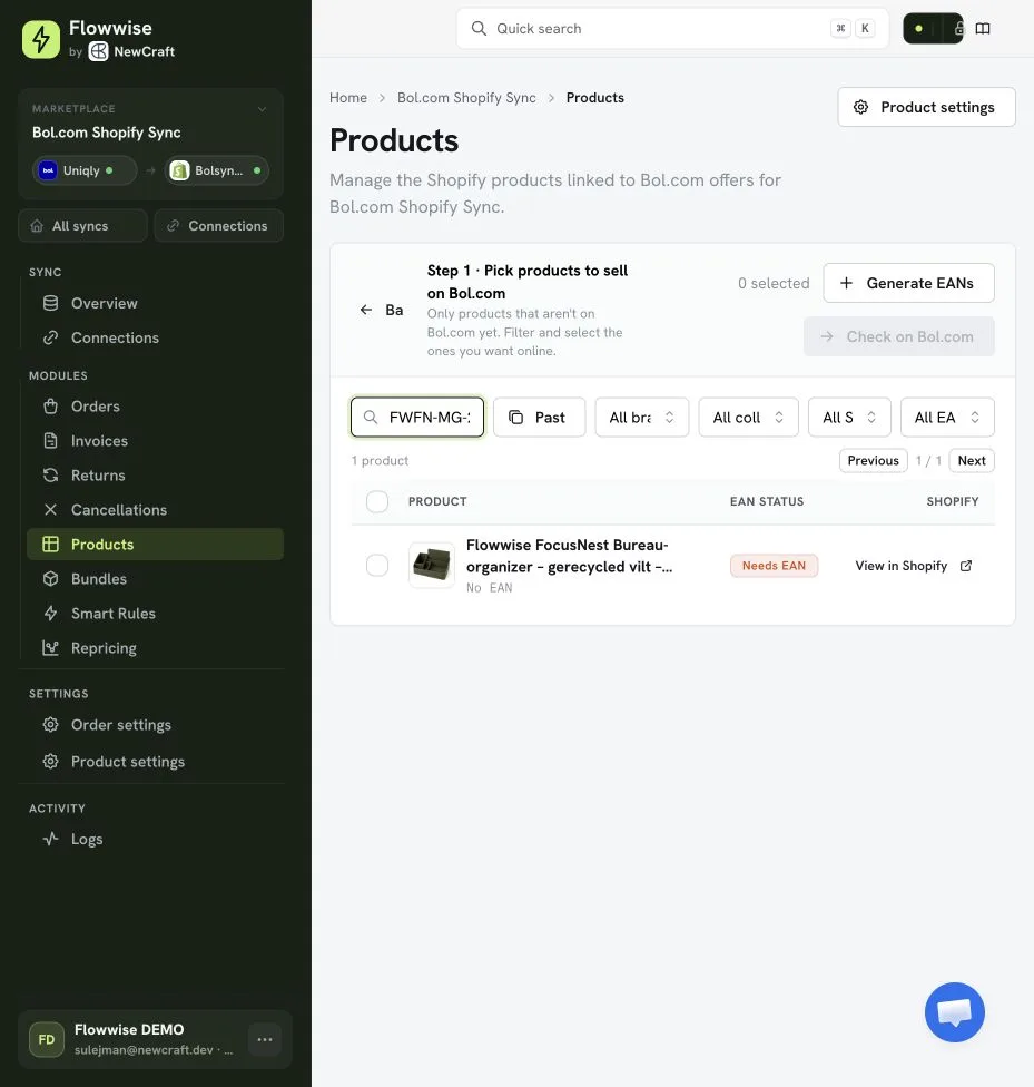 Geselecteerd Shopify-product met de status Needs EAN in Flowwise