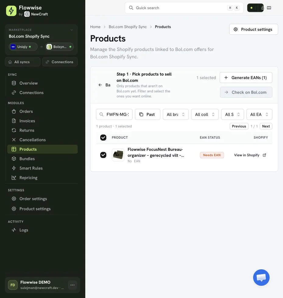Flowwise klaar om een EAN voor één geselecteerd product te genereren