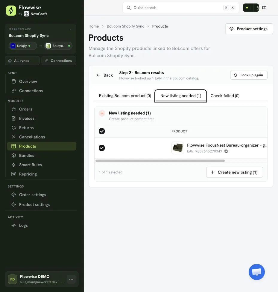 Cataloguscontrole toont New listing needed voor de onbekende EAN