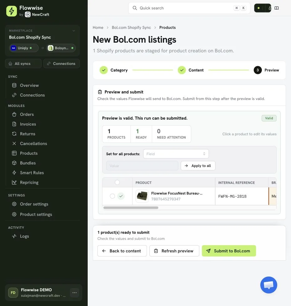Geldige bol.com-preview met één product gereed en nul aandachtspunten