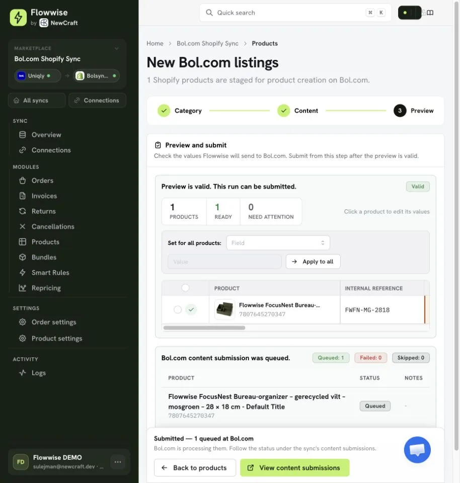 Content succesvol in de wachtrij van bol.com geplaatst