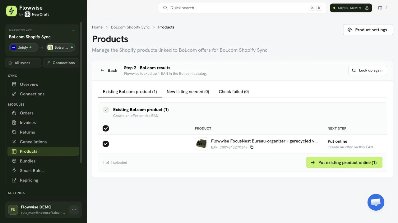 Een nieuwe cataloguscontrole herkent de EAN als bestaand bol.com-product