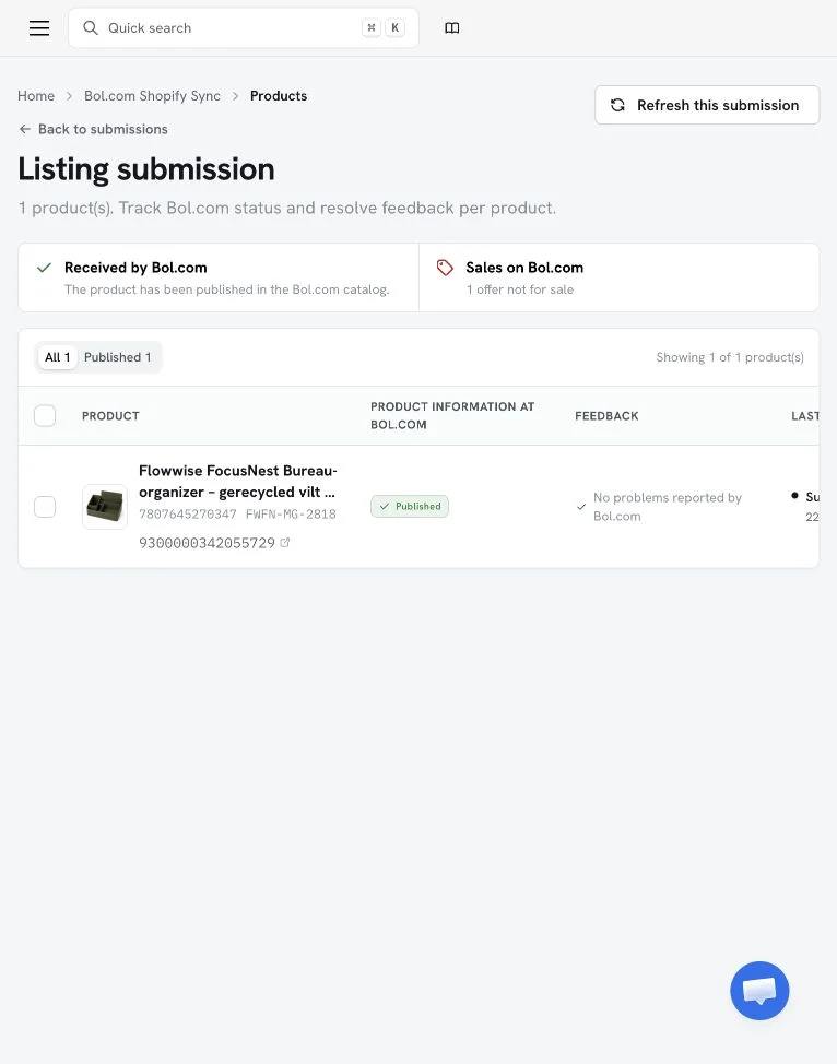 De listing submission toont Published zonder feedback van bol.com