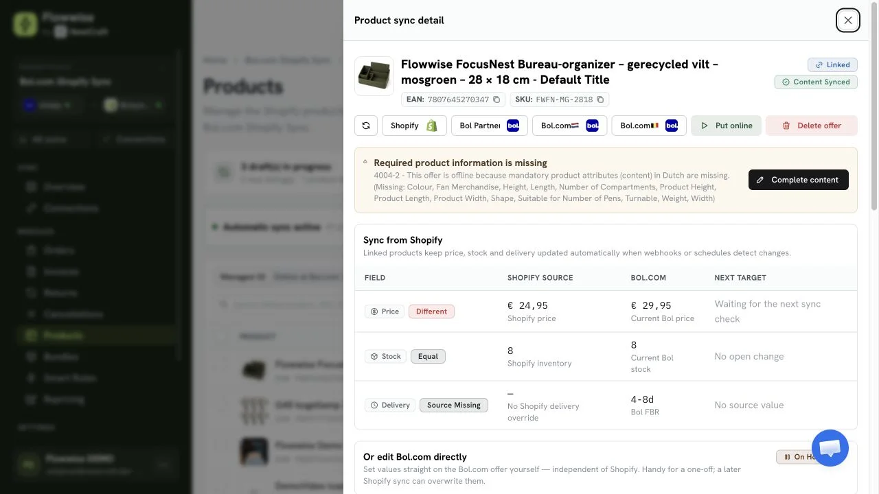 Flowwise productdetails tonen Put online en On hold nadat het offer offline is gezet