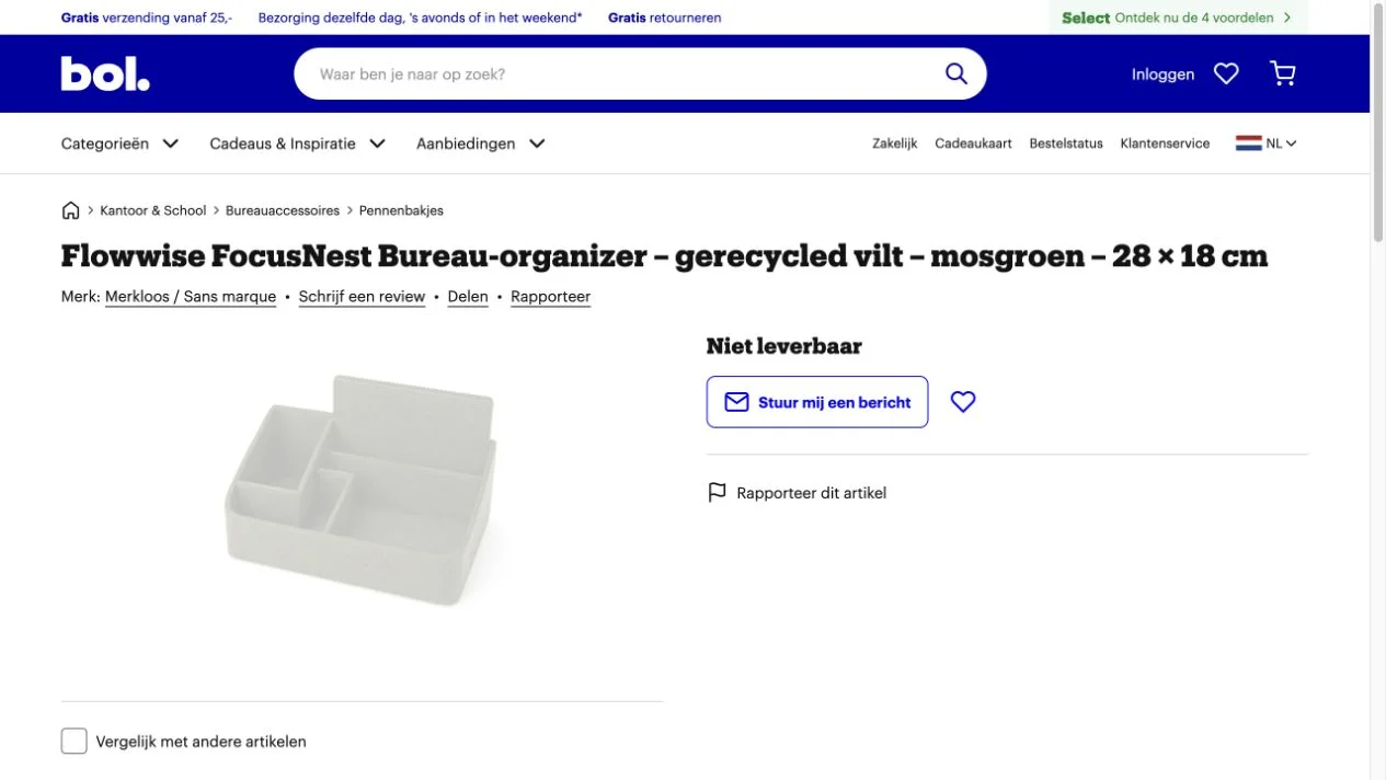 De openbare bol.com-productpagina toont Niet leverbaar nadat het offer offline is gezet