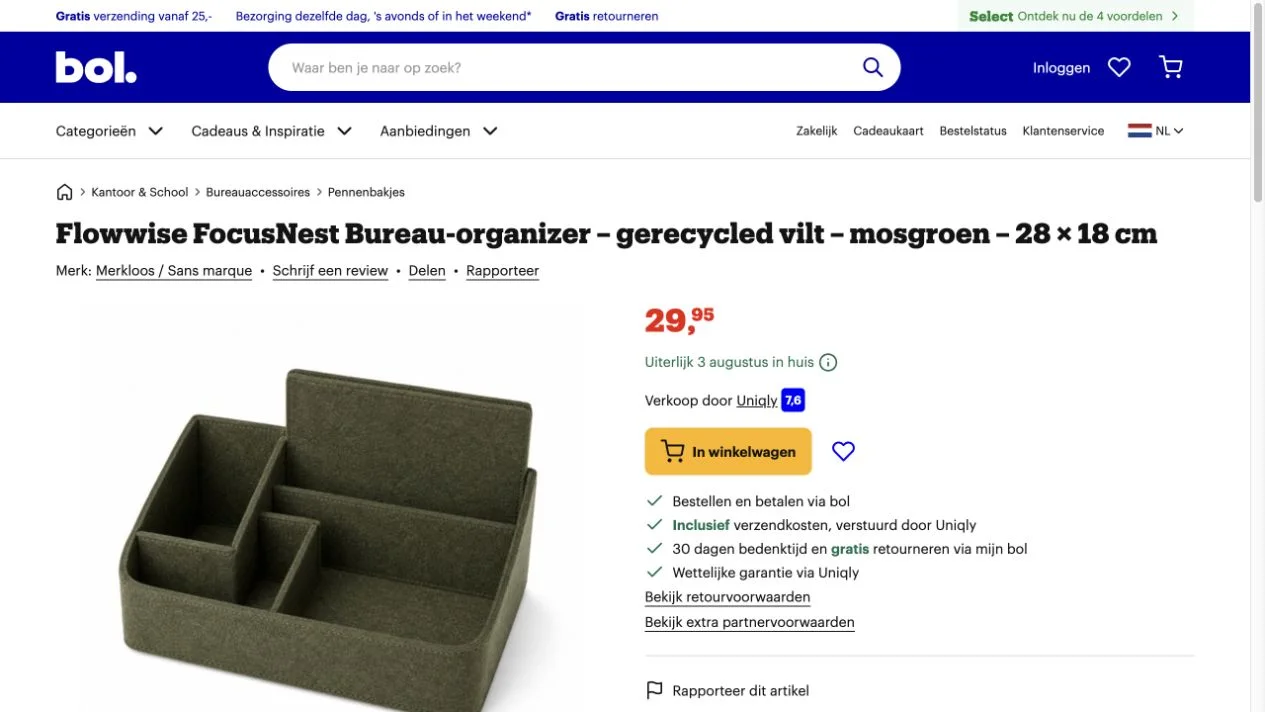 De openbare bol.com-productpagina toont de FocusNest voor 29,95 euro met verkoper Uniqly en de knop In winkelwagen