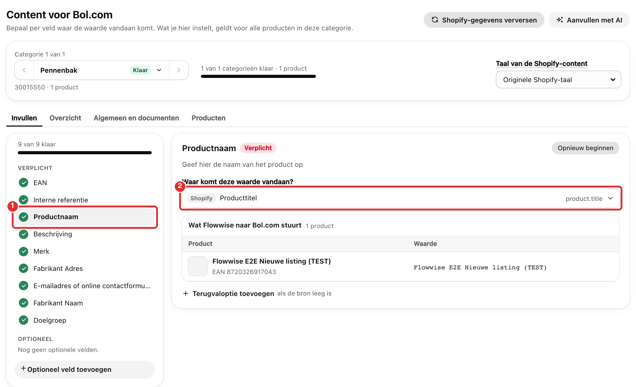 De stap Content met links de verplichte velden en Productnaam geselecteerd; rechts komt de waarde uit de Shopify-producttitel. Productnaam en het bronveld zijn rood omlijnd