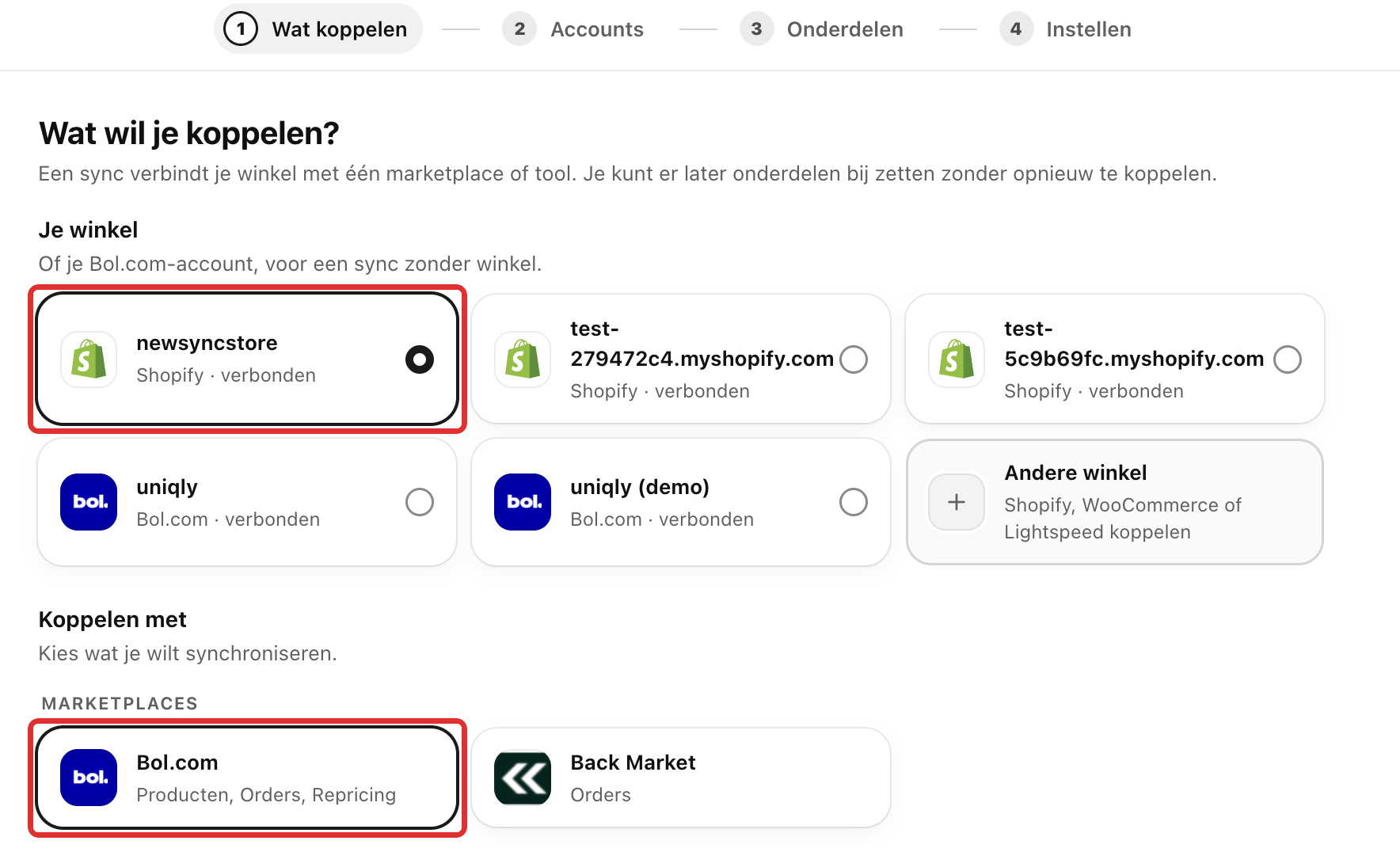 De stap Wat wil je koppelen? met de Shopify-winkel en Bol.com gekozen en rood omlijnd