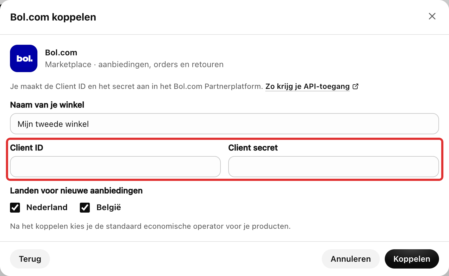 Het venster Bol.com koppelen met de velden Naam van je winkel, Client ID, Client secret en Landen voor nieuwe aanbiedingen, met Client ID en Client secret rood omlijnd